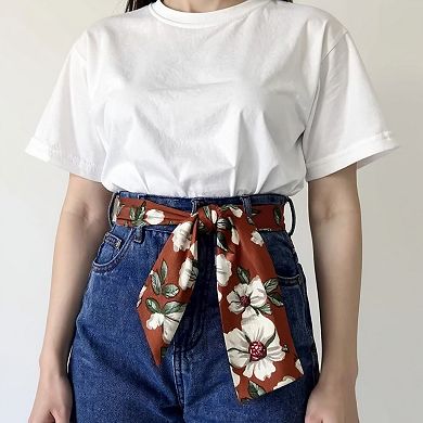 Women's Floral Print Fabric Belt with Soft Tie Bow and Adjustable Wrap Design 75x2 in