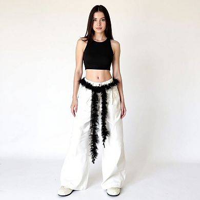 Women's Feather Trim Fashion Belt with Long Drape Accent and Adjustable Tie Design 79x1.5 in