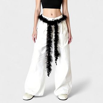 Women's Feather Trim Fashion Belt with Long Drape Accent and Adjustable Tie Design 79x1.5 in