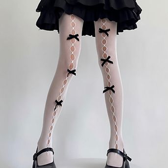 Women's 3 pc Set Sheer Tights with Front Bow and Cutout Pattern Design