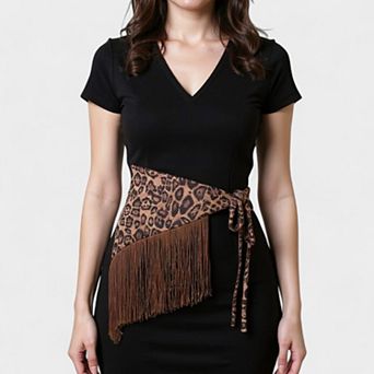 Women's Leopard Print Fringe Waist Scarf Belt with Adjustable Tie 59x1 in