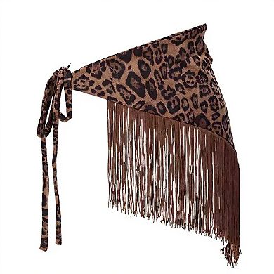 Women's Leopard Print Fringe Waist Scarf Belt with Adjustable Tie 59x1 in