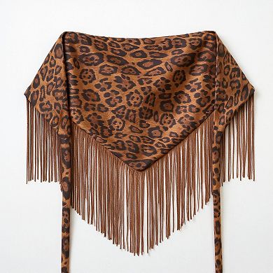 Women's Leopard Print Fringe Waist Scarf Belt with Adjustable Tie 59x1 in