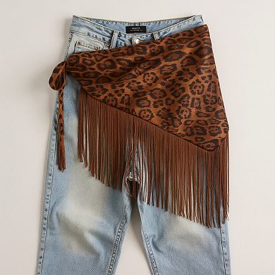 Women's Leopard Print Fringe Waist Scarf Belt with Adjustable Tie 59x1 in