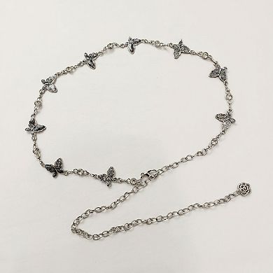 Women's Butterfly Chain Belt with Hanging Rose Charm and Adjustable Metal Links 43.5x1 in