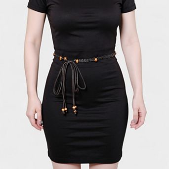 Women's Braided Cord Waist Belt with Wooden Bead Accents and Adjustable Tie 67x1.7 in