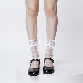 Women's 3 pc Set Sheer Polka Dot Lace Ruffle Ankle Socks with Satin Bows