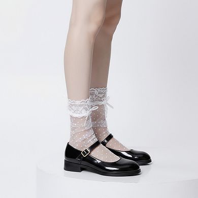 Women's 3-Piece Set Sheer Polka Dot Lace Ruffle Ankle Socks with Satin Bows