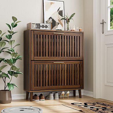 Walnut Storage Shoe Cabinet with 2 Flip Drawers