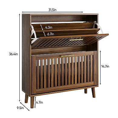 Walnut Storage Shoe Cabinet with 2 Flip Drawers