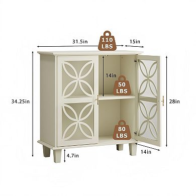 White Sideboard Buffet Storage Cabinet With Tempered Glass Doors