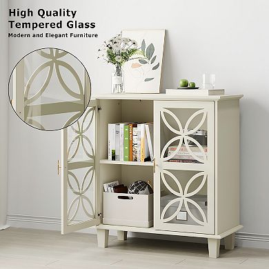 White Sideboard Buffet Storage Cabinet With Tempered Glass Doors