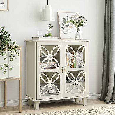 White Sideboard Buffet Storage Cabinet With Tempered Glass Doors