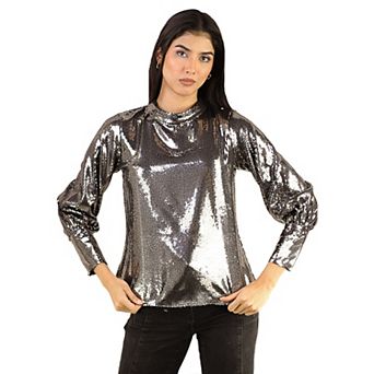 Artyska Women’s Silver Sequin Long Sleeve Party Top