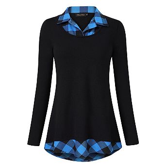 Women's Long Sleeve Contrast Collared Shirts Patchwork Work Blouse Plaid Tunics Tops