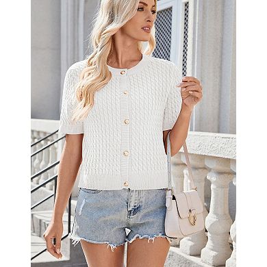 Women's Short Sleeve Knit Cardigan Ribbed Button Up Sweater Open Front Cover Up