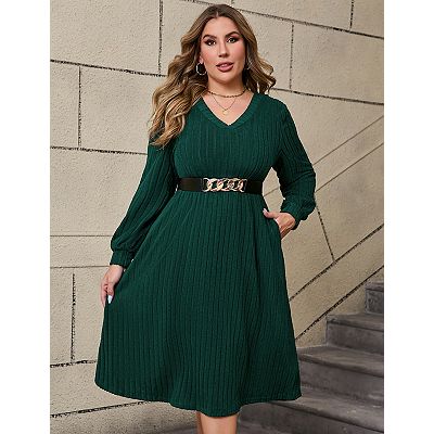 Women's Plus Size V-Neck Knit Dress Long Bell Sleeve Tunic Dress with Waist  Tie Casual