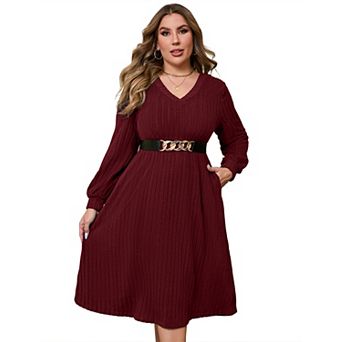 Women's Plus Size V-Neck Knit Dress Long Bell Sleeve Tunic Dress with Waist Tie Casual Sweater Dress