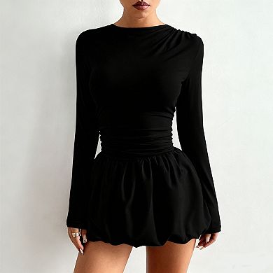 Women's Fit and Flare Mini Dress Long Sleeve Stretch Bodice with Puffy Skirt