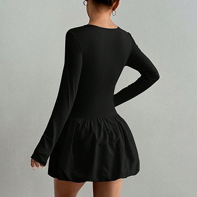 Women's Fit and Flare Mini Dress Long Sleeve Stretch Bodice with Puffy Skirt