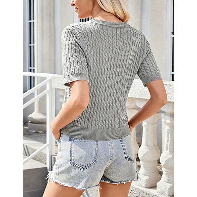Women's Short Sleeve Open Front Sweater Casual Ribbed Knit Cardigan Lightweight Button Down Top
