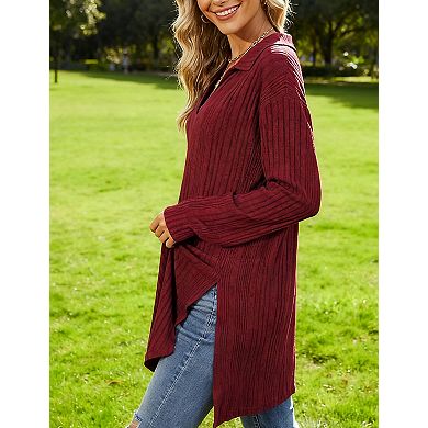 Women's Ribbed Knit Tunic Sweater Oversized Collared Pullover Top with Side Slits