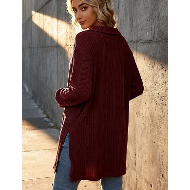 Women's Ribbed Knit Tunic Sweater Oversized Collared Pullover Top with Side Slits
