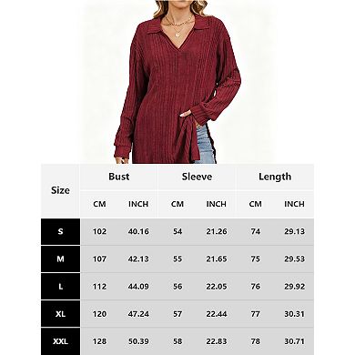 Women's Ribbed Knit Tunic Sweater Oversized Collared Pullover Top with Side Slits