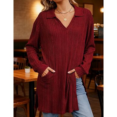 Women's Ribbed Knit Tunic Sweater Oversized Collared Pullover Top with Side Slits