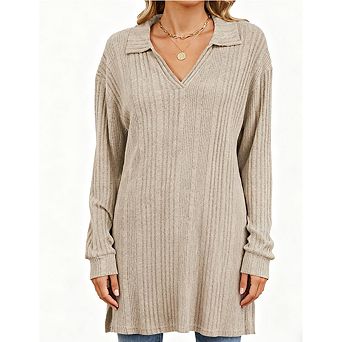 Women's Ribbed Knit Tunic Sweater Oversized Collared Pullover Top with Side Slits