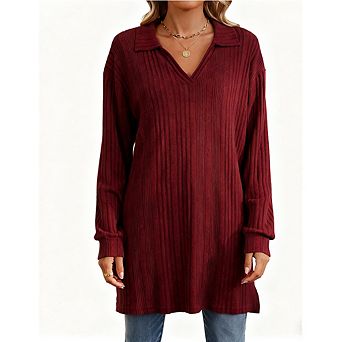 Women's Ribbed Knit Tunic Sweater Oversized Collared Pullover Top with Side Slits