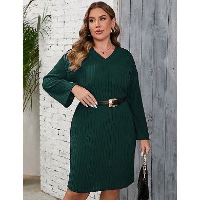 Plus Size Casual Sweater Dress Oversized V-Neck Tunic Dress Long Ribbed Knit Shift Dress