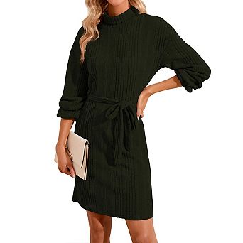 Women Mock Turtleneck Long Lantern Sleeve Self Tie Rib-Knit Dress Casual Loose Sweater Dresses