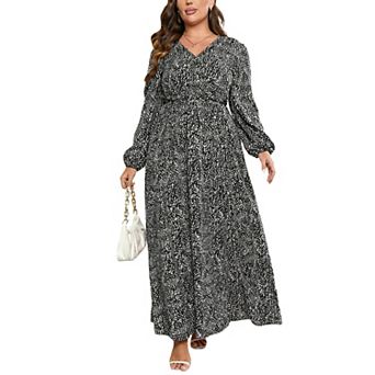 Women's Plus Size V-Neck Maxi Dress with Long Sleeve Elegant Side Slit Hem
