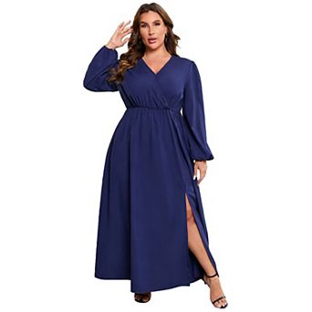Women's Plus Size V-Neck Maxi Dress with Long Sleeve Elegant Side Slit Hem