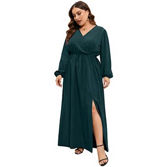 Women's Plus Size V-Neck Maxi Dress with Long Sleeve Elegant Side Slit Hem