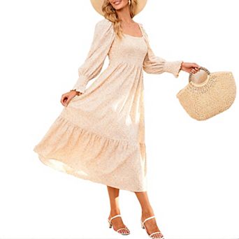 Women's Square Neck Floral Smocked Bodice Long Sleeve Ruffle Hem Maxi Dress