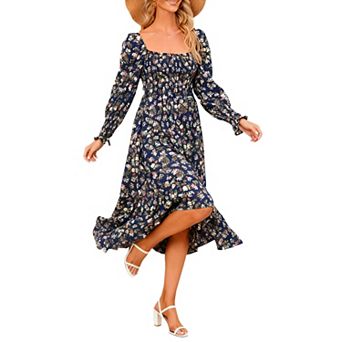 Women's Square Neck Floral Smocked Bodice Long Sleeve Ruffle Hem Maxi Dress