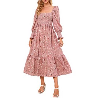 Women's Square Neck Floral Smocked Bodice Long Sleeve Ruffle Hem Maxi Dress