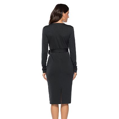 Women's Wrap Midi Dress Long Sleeve V Neck Belted Bodycon Casual Party Dress