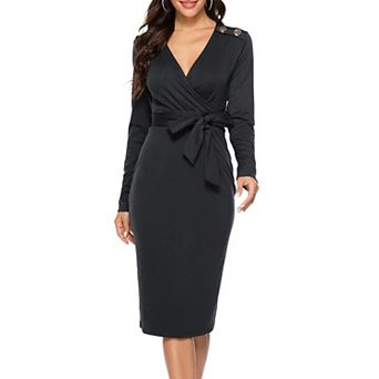 Women's Wrap Midi Dress Long Sleeve V Neck Belted Bodycon Casual Party Dress