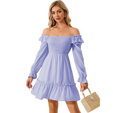 Women's Smocked Square Neck Short Dress Ruffle Long Puff Sleeve Casual Mini Wedding Guest Dresses