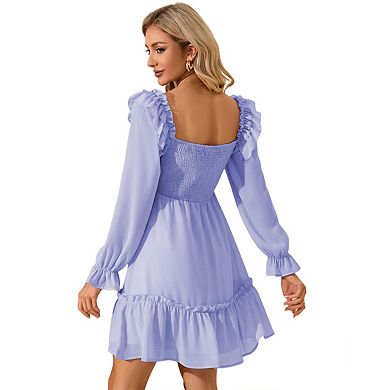 Women's Smocked Square Neck Short Dress Ruffle Long Puff Sleeve Casual Mini Wedding Guest Dresses