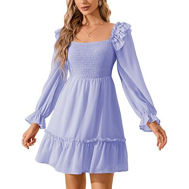 Women's Smocked Square Neck Short Dress Ruffle Long Puff Sleeve Casual Mini Wedding Guest Dresses