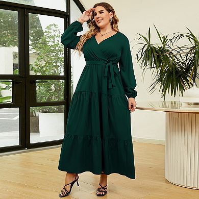 Women's Plus Size V-Neck Wrap High Waist Long Sleeve Floor-Length Maxi Dress