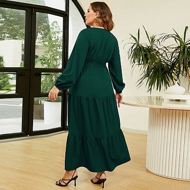 Women's Plus Size V-Neck Wrap High Waist Long Sleeve Floor-Length Maxi Dress