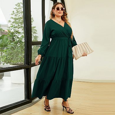 Women's Plus Size V-Neck Wrap High Waist Long Sleeve Floor-Length Maxi Dress