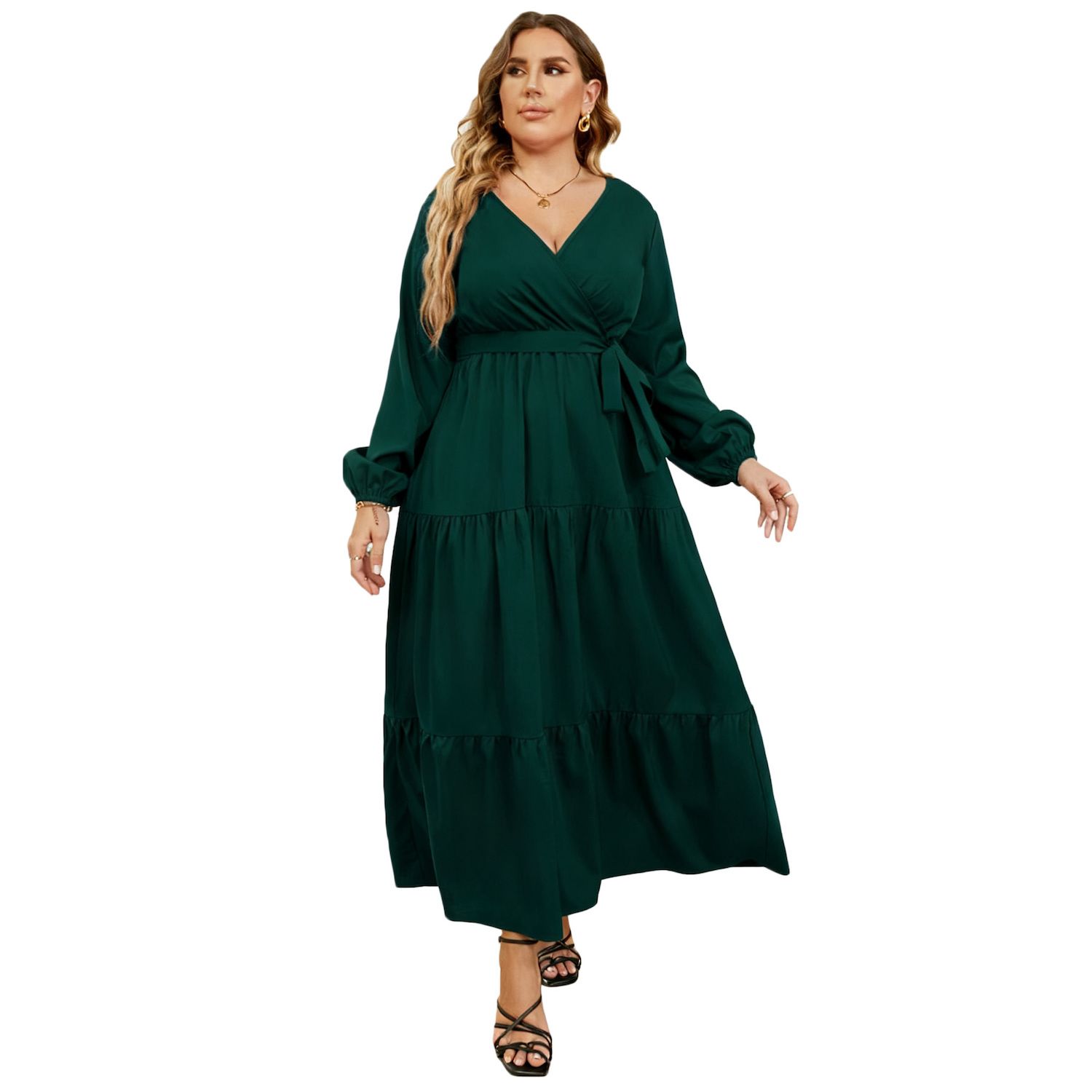 Женские платья Plus Size V-Neck Wrap High Waist Long Sleeve Floor-Length Dress