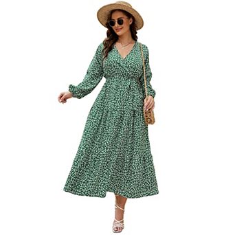 Women's Plus Size V-Neck Wrap High Waist Long Sleeve Floor-Length Maxi Dress