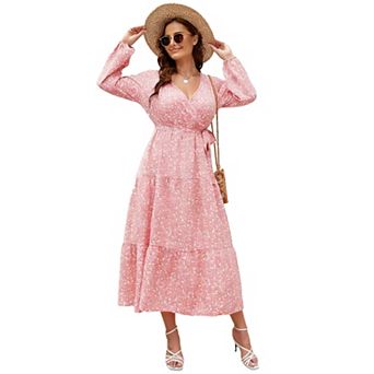 Women's Plus Size V-Neck Wrap High Waist Long Sleeve Floor-Length Maxi Dress